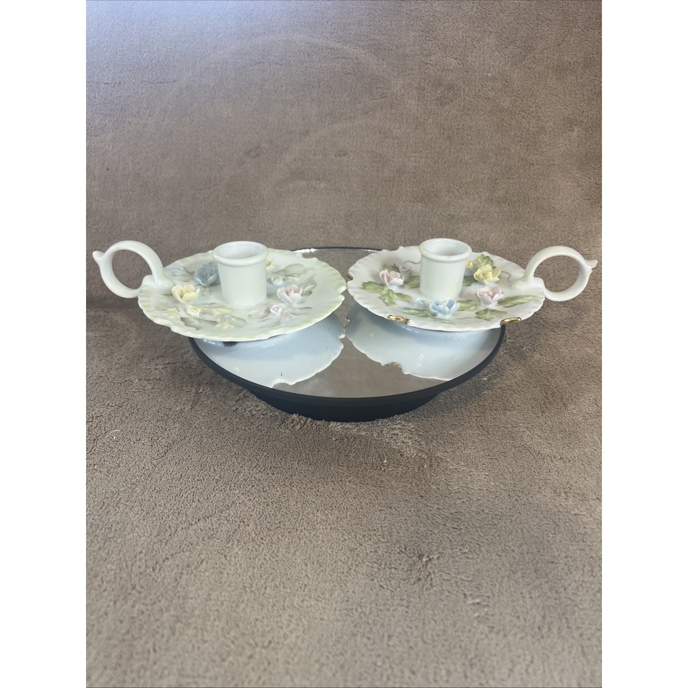 Pair Vintage Floral Chamberstick Candle Holders Porcelain‎ Ceramic Ring Handle